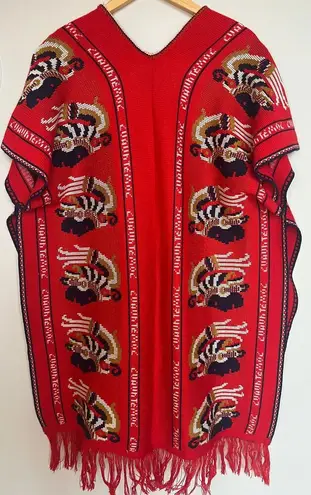 Vintage 1970s Cuauhtemoc Tribal Red Knit Poncho Shawl Fringe Boho Size undefined