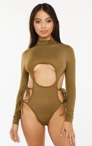 Savage X Fenty Bodysuit Green Shine Strapy Teddy Thong Mock Neck Size M
