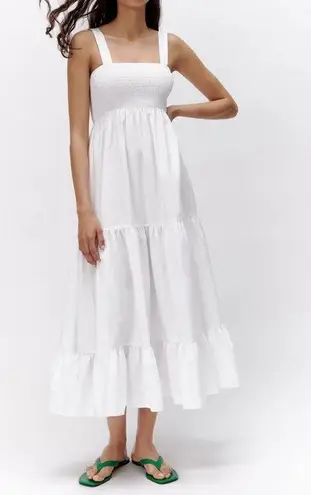 ZARA Voluminous White Cotton Poplin Dress Long Smocking New Bloggers Favorite XS