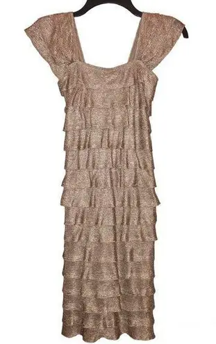 Max Studio  Ruffle Fringe Sleeveless Tiered Dress Gold Metallic XS