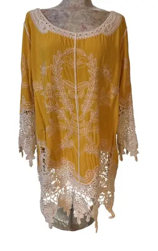C EST.1946 Women’s Boho Yellow Blouse 3/4 Sleeve Crochet Embroidered SZ 22/24