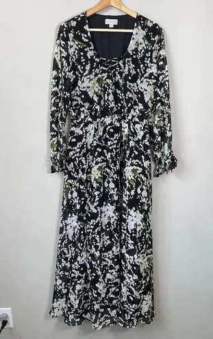 Belle Sky Women's Medium Balloon Sleeve Boho Floral Tie V-Neck Maxi Dress Black