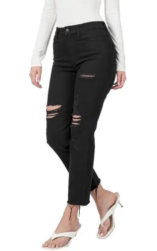 Zenana Outfitters Jeans Womens Size 24 Distressed Straight Raw Hem Cropped Black denim