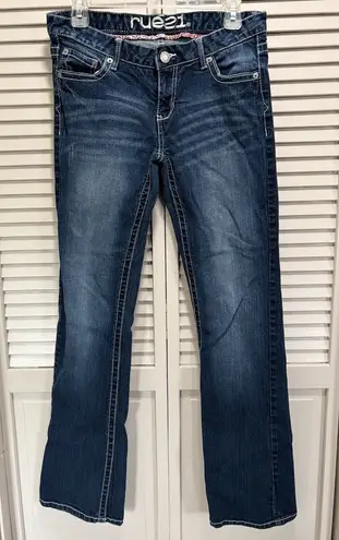 Rue 21 Med Wash Boot Low Rise Denim Jeans Size 7/8 Zip Pockets Embroidered Blue