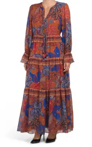 House of Harlow Maxi Tiered Floral Rustic Boho Long Sleeve Dress Size Small Orange