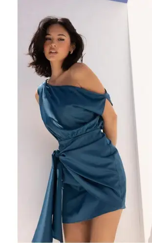 Lulus Elegant Poise Dark Teal Blue Satin Asymmetrical Tie