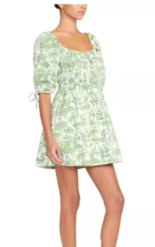 STAUD Faye Puff Sleeve Clove Toile Green Mini Dress Size L