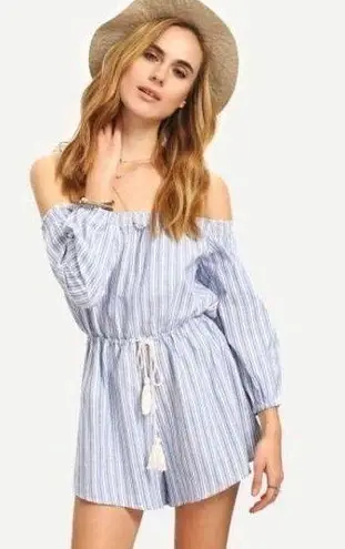 ✨Blue Off The Shoulder Tie Waist Tassel Jumpsuit✨ White Size XS