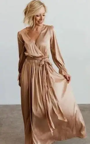 BALTICBØRN Holly Satin Maxi Dress sz M Champagne Gold Formal Wedding Long Sleeve Size M