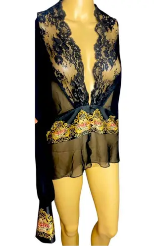 Michal Negrin Sheer Lace & Embroidered Blouse with
Swarovski Crystals size XXL Black