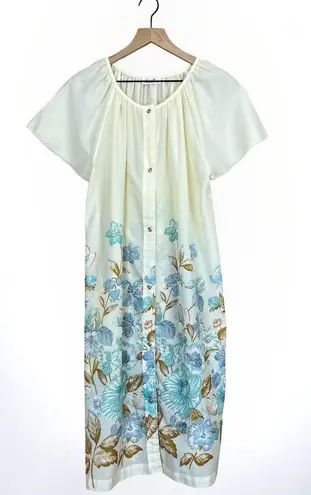 Smart Time Vintage 70s 80s Short Sleeve Ivory Blue Floral Print House Dress S/M