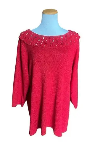 Womens Briggs New York Metallic Shimmer Embellished Scoop Neck Sweater