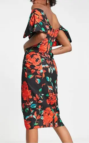 ASOS  Rose Floral Off the Shoulder Bardot Midi Dress Size 8 Tall