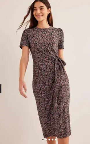 Boden Knot Front Short Sleeve Jersey Midi Dress Black Block Paisley Print Sz 4