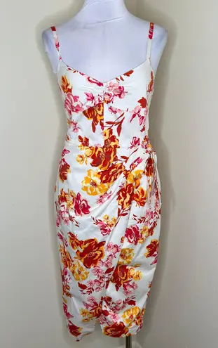 Great Jones Floral Midi Dress 10 White Faux Wrap Tie Waist Tulip Hem Smocked Multiple