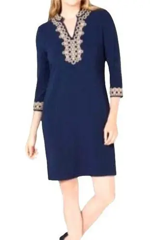 Charter Club Womens Ottoman Sheath Dress Pullover Knit Blue Gold Petite Large