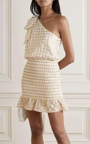 Rebecca Vallance NWT Almeria One Shoulder Mini Dress Size 14 Metallic Gingham Gold