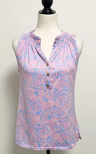 La Mer Luxe Pink White Periwinkle Coral Sleeveless V Neck Buttons Top Small