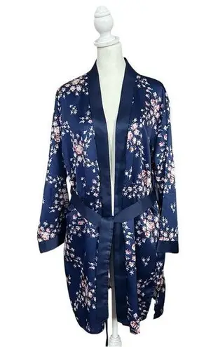 Morgan Lane x Fab Fit Fun Navy Floral Satin Belted Robe Sz Small/Medium