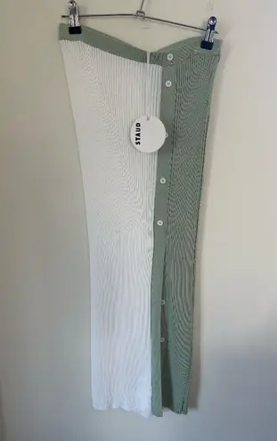 STAUD NEW Ribbed Colorblock Midi Bodycon Skirt in Green/Cream