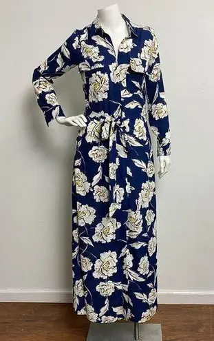 Lola Grace Women's Floral Maxi Long Sleeve Shirt Dress Navy Blue Size XXS