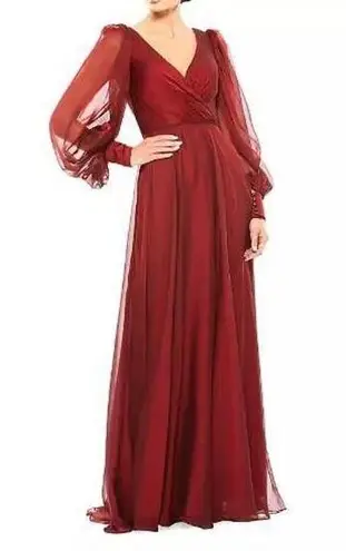 Mac Duggal Blouson Dress Women's 18 Red Sheer Long Sleeve Surplice Ball Gown B4