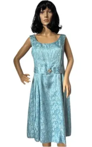 Vintage OOAK Jacquard blue sleeveless retro midi dress gemstone belt M Size M