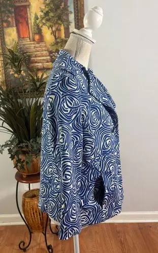Rafaella Blazer Jacket Womens M Blue White Swirl Pattern 3/4 Sleeve Button Front