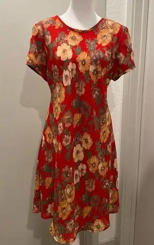 VTG '80s '90s Fairycore Jeffrey & Dara Red Floral Short Sleeve Midi Dress Size 14