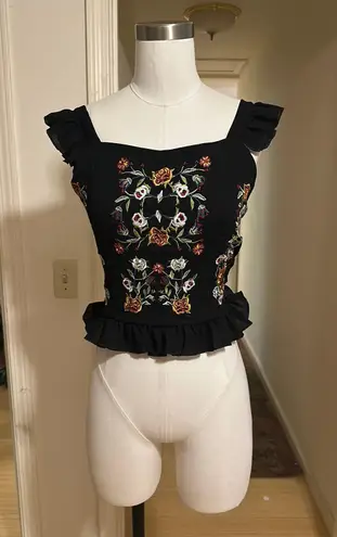 NWOT Floral Embroidered Black Ruffle Top Size XS