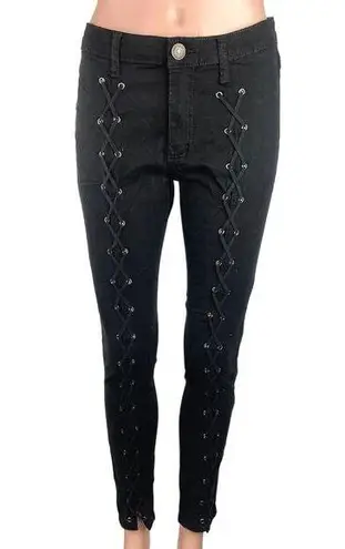 NEW Machine Black Cotton Mid Rise Lace Up Criss Cross Ankle Skinny Jeans Size 29