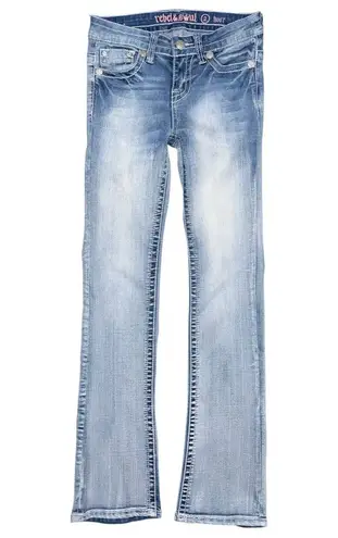 Rebel & Soul Bootcut Jeans Women’s 2 Light Wash Feather Embellished Pockets y2k Blue