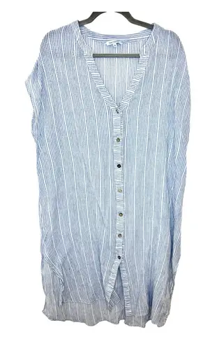 Blue Island Striped Button Maxi Tunic Dress | XL Coastal Linen Beach Vacation