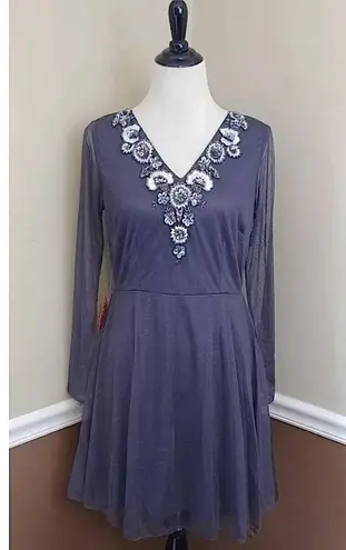 Frock and Frill Gray Mesh Long Sleeve Embroidered Beaded Sequins Modcloth Dress Size 8