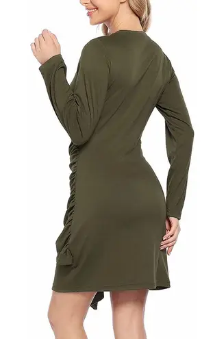 Casual Long Sleeve Tie Waist Ruched Bodycon Mini Crew Neck Cocktail Dress Green S