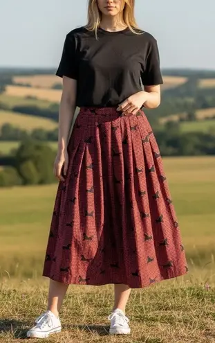 Vintage Lord & Taylor Skirt 4 Red Black Houndstooth Horse Pleated Equestrian 90s