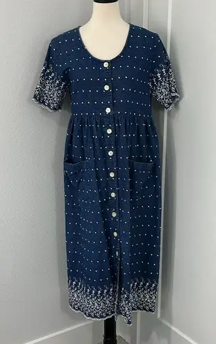 Vintage 90s GTG Small Blue Denim Midi Short Sleeve Momcore Dress w/Pockets