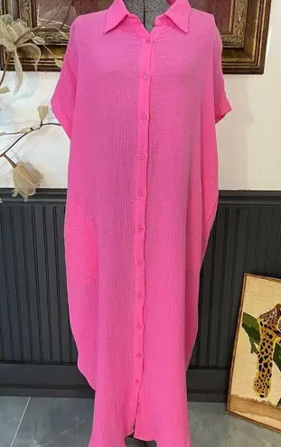 Meet Me In Santorini Gauzy Button Up Brook Maxi Dress in Fuchsia ~ Size M 💛🍄 Pink Size M