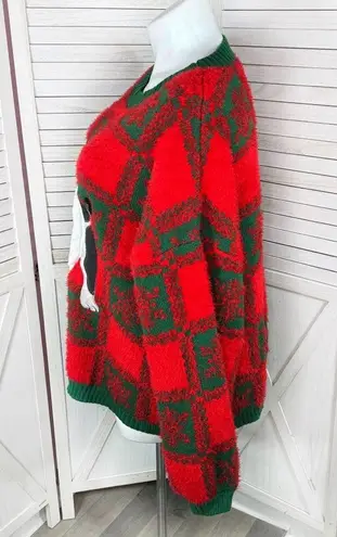 Holiday Time  Fancy Dog Checkerboard Fuzzy Ugly Christmas Sweater Red 3X Oversize