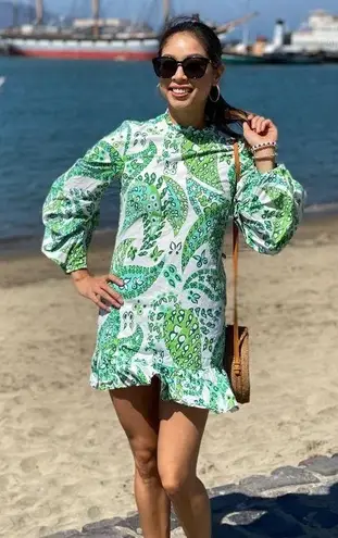 STAUD Green White Paisley Printed Three Quarter Sleeve Caroline Midi Dress sz 12