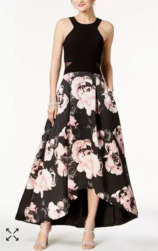 XScape Size 16W Solid & Floral-Print High-Low Gown Mesh Cut Outs Formal