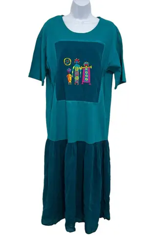 Johnny Was Embroidered T-Shirt Maxi Dress Turquoise Tribal M Boho Folk Indie