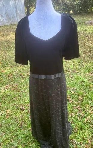 Vintage 90s Black Empire Waist Maxi Dress Velvet w Sheer Glitter Floral Skirt 26