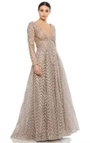 Mac Duggal New! - Embellished Illusion Long Sleeve Taupe A-line Gown