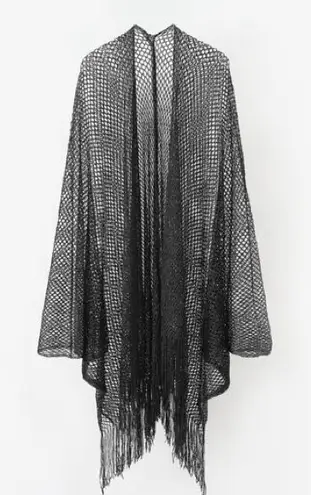 Casa Maca Black Shimmer Open Knit Mesh Fringe‎ Kimono Swim Cover One Size Size undefined - Image 1