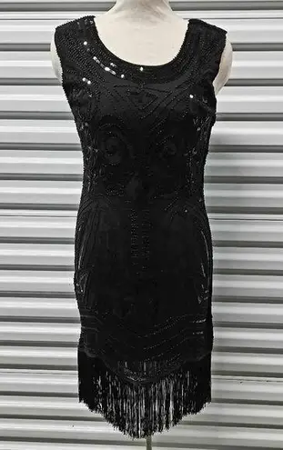 Women's Hand Made Black Beaded Sequined Retro Dress