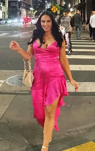 Bardot Revolve Ember Midi Dress Hot Pink High Low Asymmetrical V-Neck Large Sexy