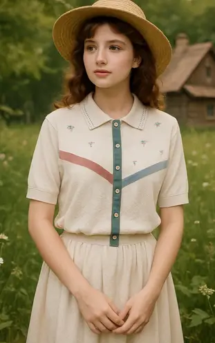 Season Ticket Vintage Floral Polo Knit Top | Lace Detail | Cottagecore Retro Blue Size M