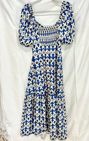 Printed Puffed Sleeve Smocked Tiered Midi Dress Blue/Cream / pink Women's Size L Blue Size L