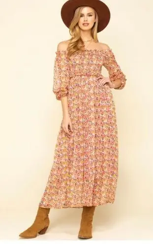 Lili Sidonio woven midi dress ice cream pink floral off the shoulder Large NWT